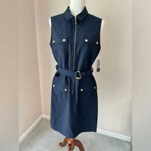 NWT Sharagano navy blue zip dress with belt and gold military details sz10